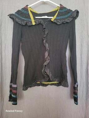 Cache Vintage Women S Black Zip Cardigan Lace Ruffle Ribbon Sweater